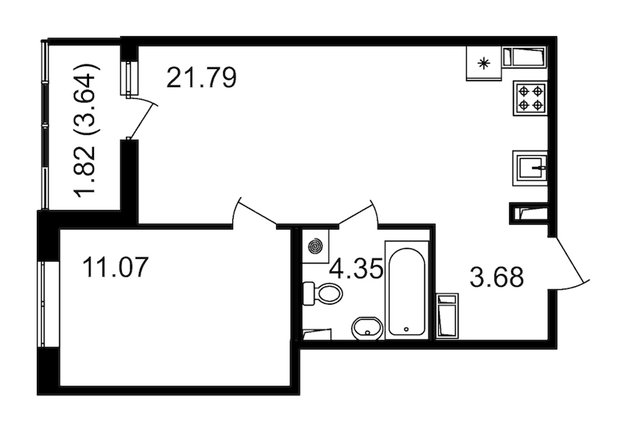 1-комнатная квартира 40.89 м², 13/13 эт., ЖК «Чёрная речка»